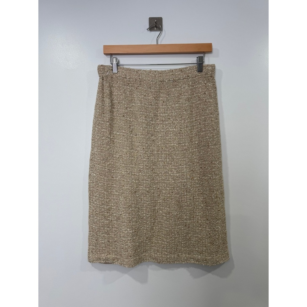 St John Women Tan Knit Boucle Pencil Skirt Metallic Gold Flecks Size 10